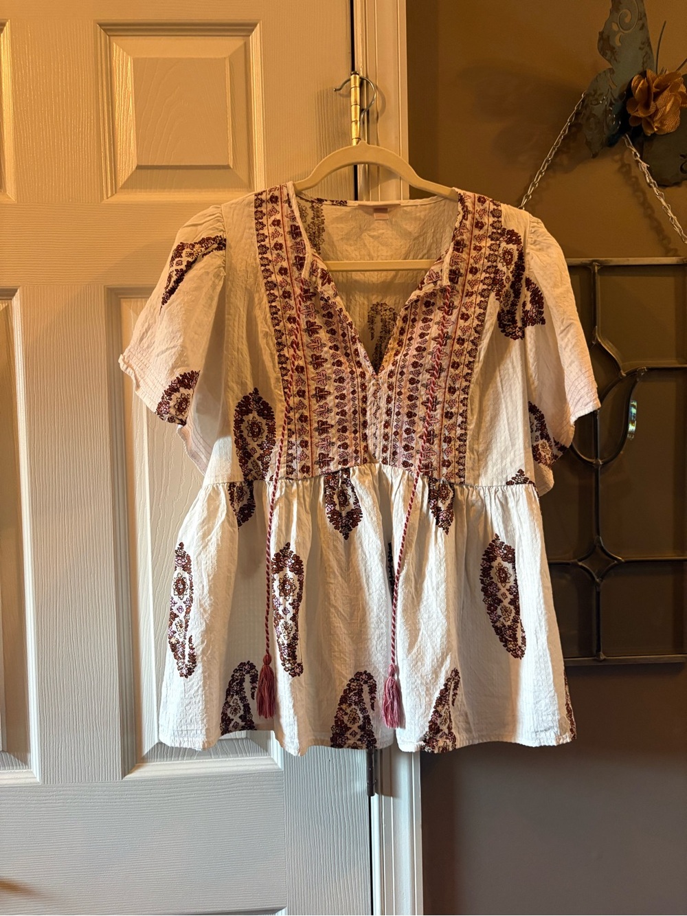 Knox Rose Boho Paisley Peplum Top Size XL Cream Burgundy Flutter Sleeve